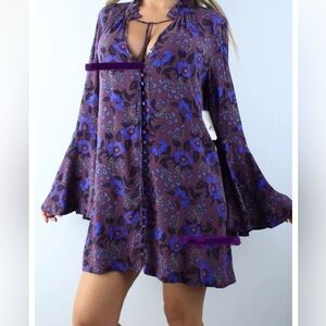 Free People Magic Mystery Flowy Bell Sleeve Tunic Top Dress Purple Blue XS
